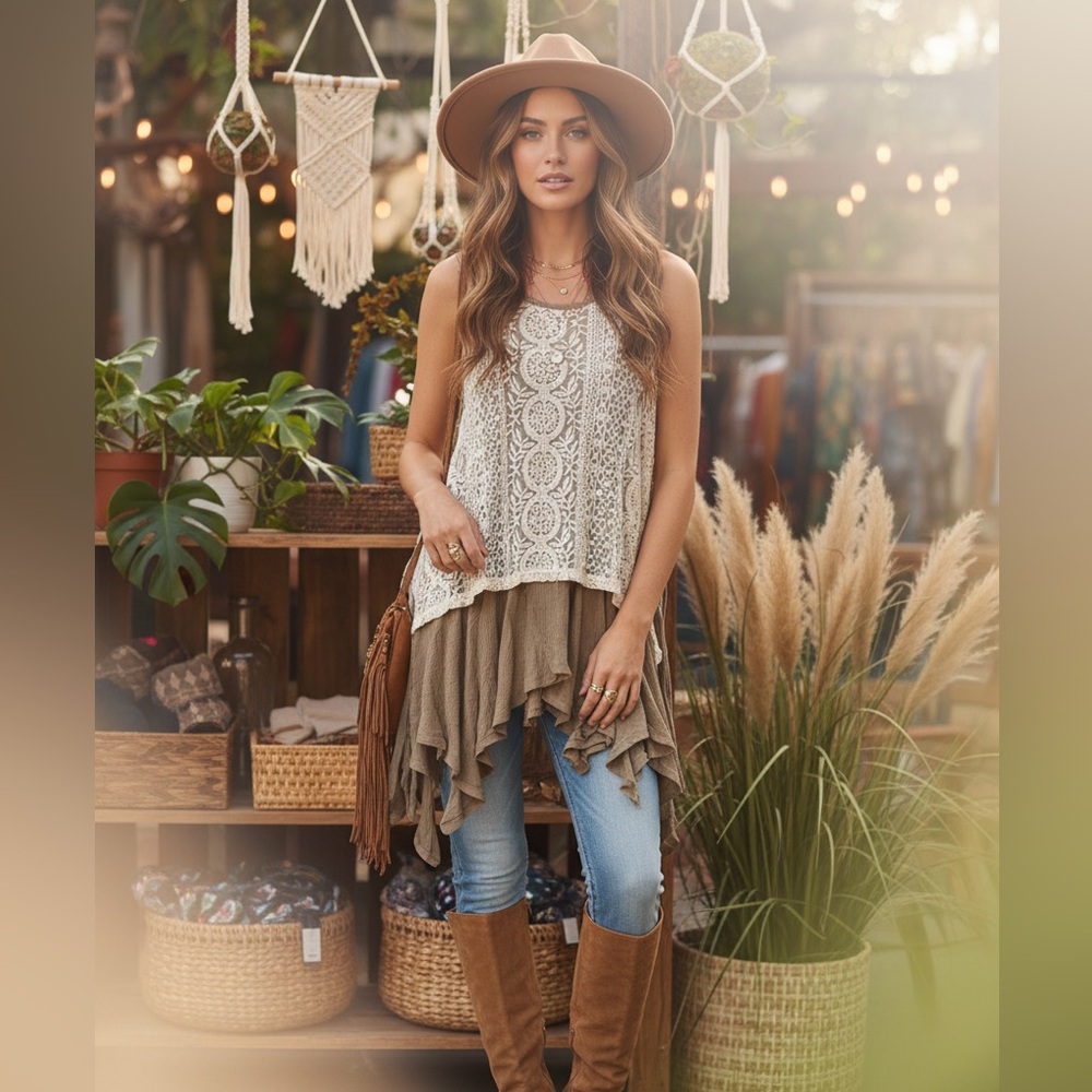 🌿 Ryu Boho Lace & Layered Ruffle Tank Top – Romantic & Flowy‎ 🌿